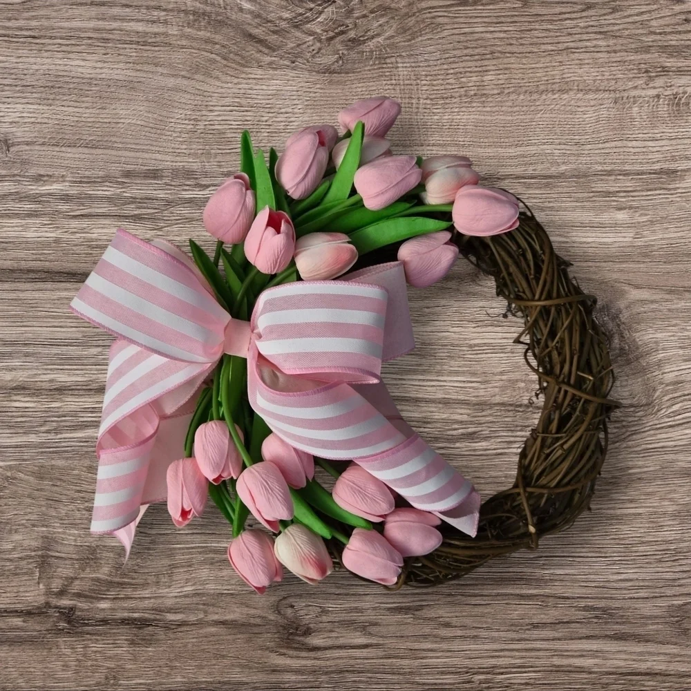 Handmade Charming Pink Tulip Wreath with Striped Bow Spring Wreath
